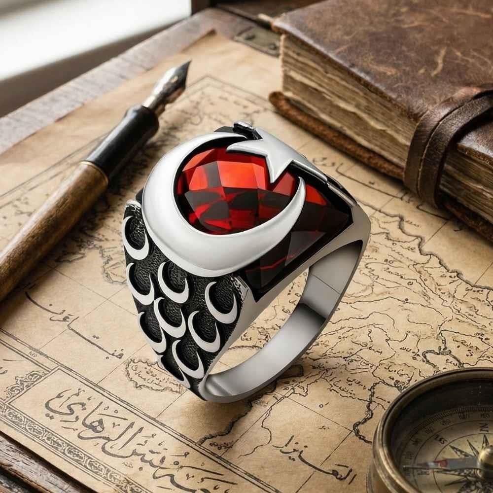 Moon Star Flag Gemstone Silver Men RingMoon Star Ring