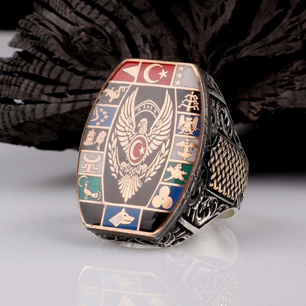 Kartal İşlemeli 16 Türk Devleti Gümüş YüzükMoon Star Ring