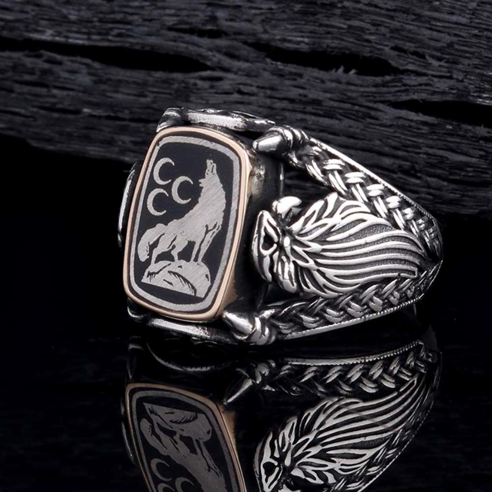 Kartal İşlemeli Bozkurt Üç Hilal Gümüş YüzükBozkurt Yüzükleri