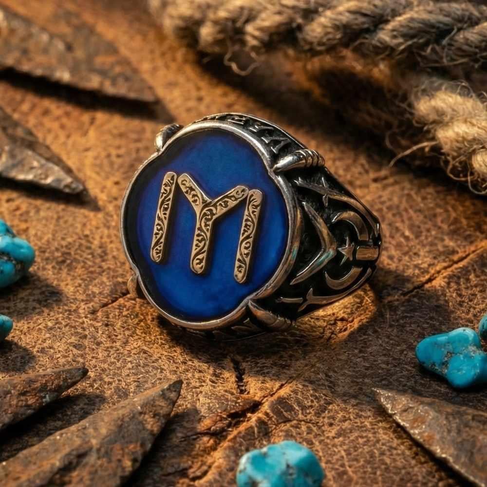 Kayı Boyu Armalı Mavi Mineli Gümüş Erkek YüzükKayi Ring
