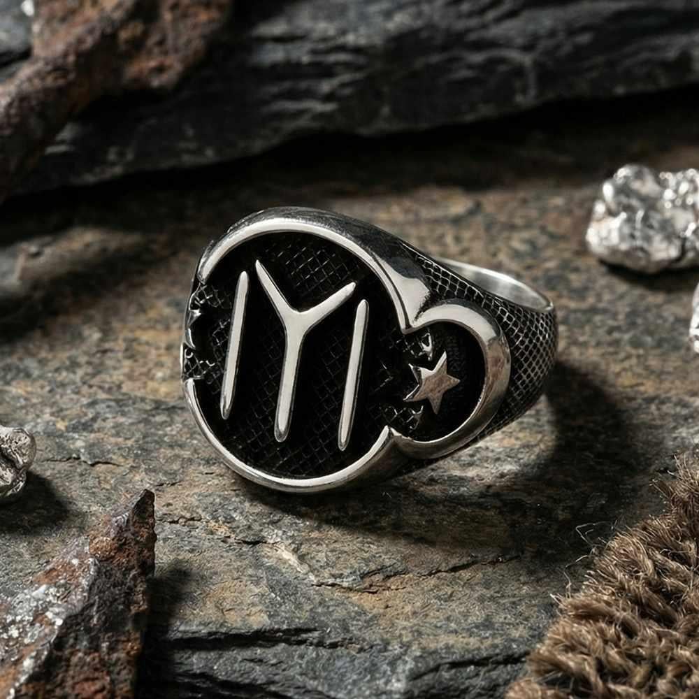 Kayı Boyu Desenli Ay Yıldız Modeli Gümüş Erkek YüzükKayi Ring