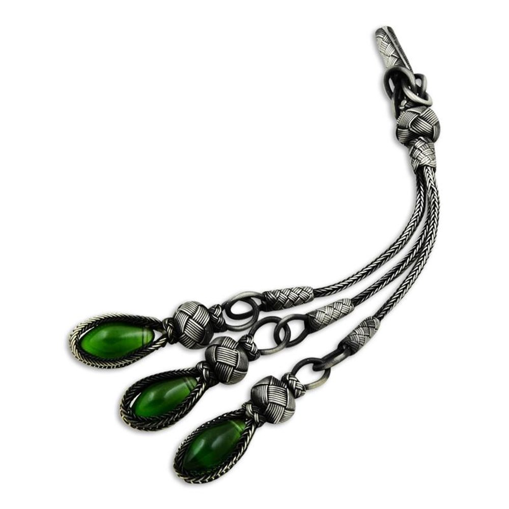 Kazaziye Telkari El İşi Örme Üçlü Yeşil Taşlı Gümüş Tesbih Ucu