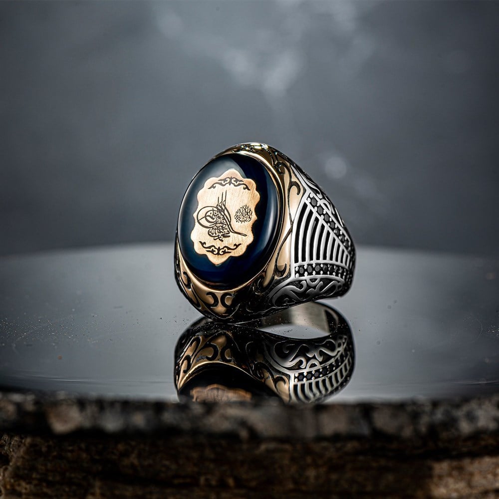 Kehribar Taş İçerisi Osmanlı Tuğrası İşlemeli Gümüş Yüzük