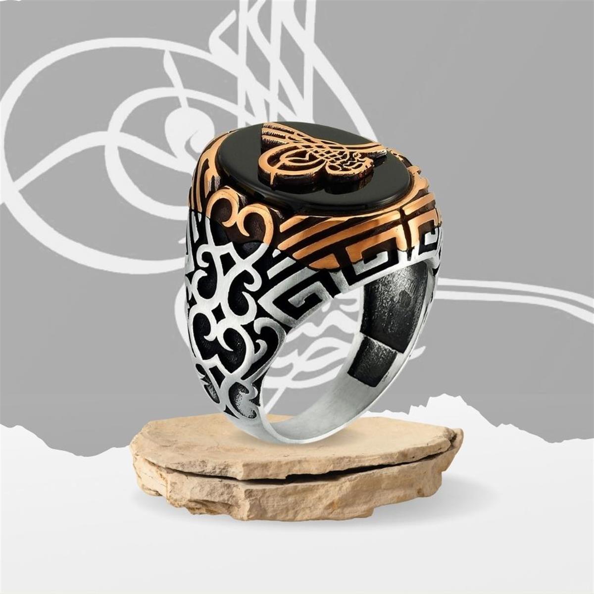 Kehribar Taş Üzeri Osmanlı Tuğra Gümüş Erkek Yüzük