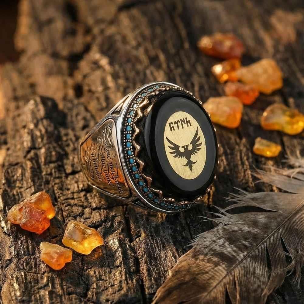 Kehribar Taşlı Göktürkçe Türk Kartal Motifli Gümüş YüzükÇift Başlı Kartal Selçuklu Yüzük