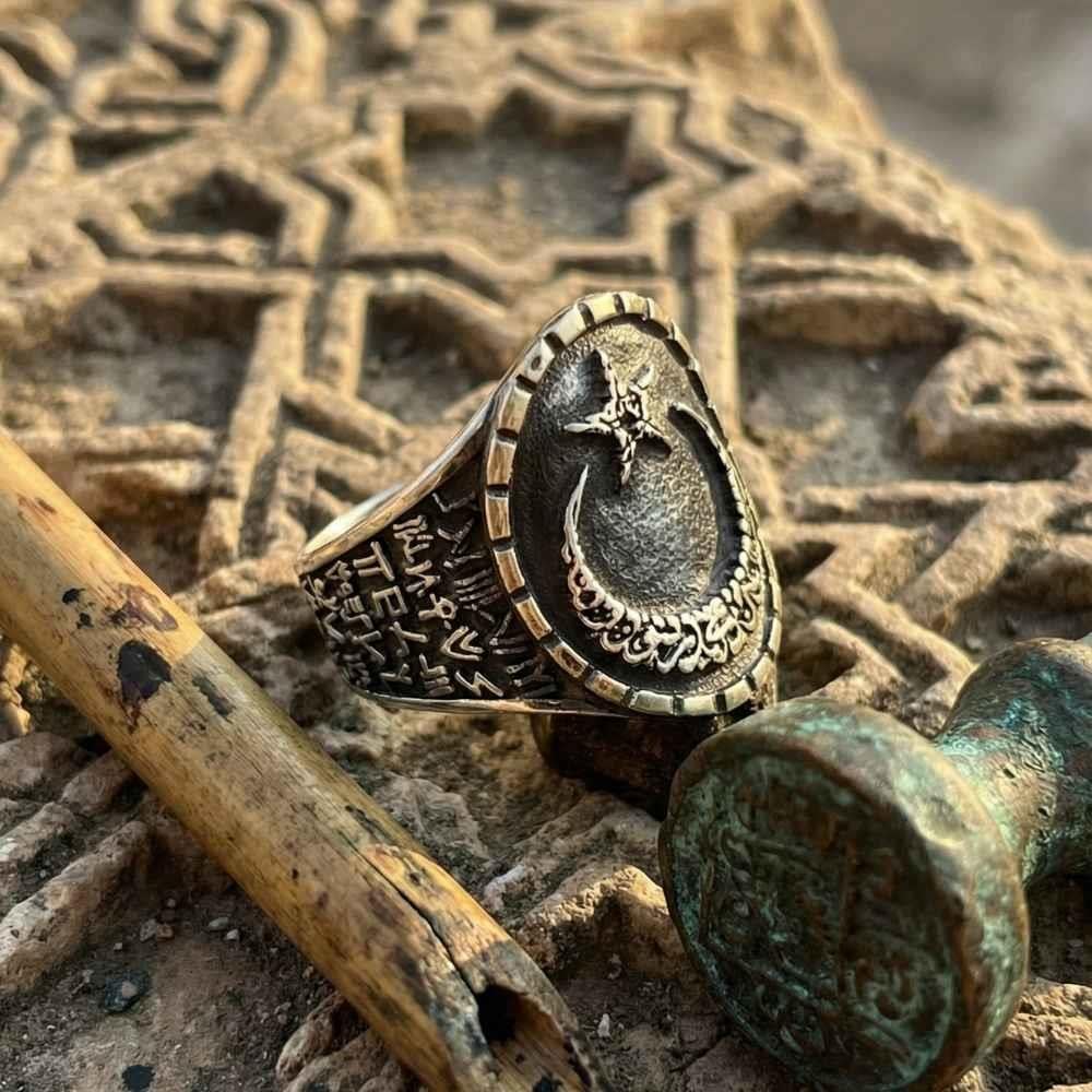 Kelime-i Tevhid İşlemeli Ay Yıldız Yanları Göktürkçe YüzükAy Yıldız Yüzük