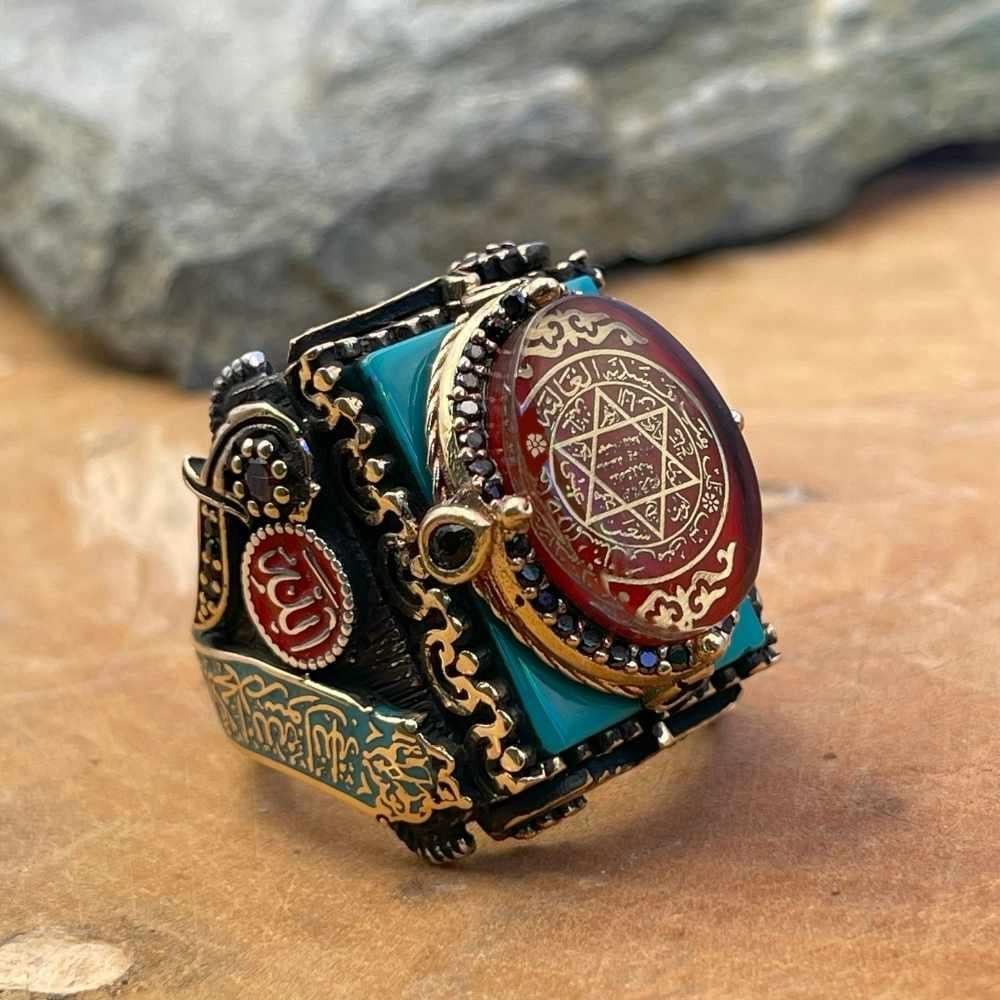 Kelime-i Tevhid İşlemeli Mührü Süleyman Gümüş YüzükSüleyman Mührü Yüzükler