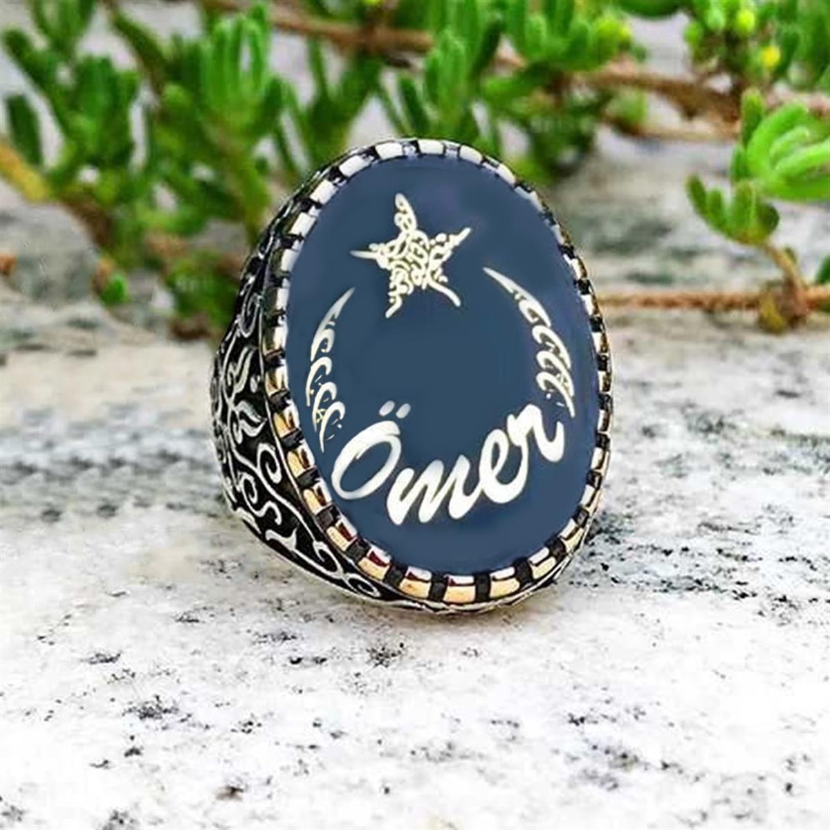 Kelime-i Tevhid Yazılı Kişiye Özel Gümüş Ay Yıldız Yüzük