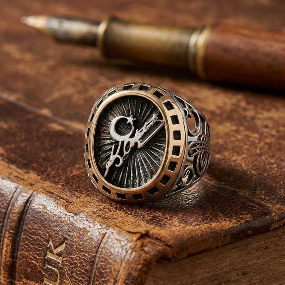 Kemal Atatürk İmzalı Tuğra Ve Vav Motifli Gümüş Erkek YüzükElif Vav Yüzük