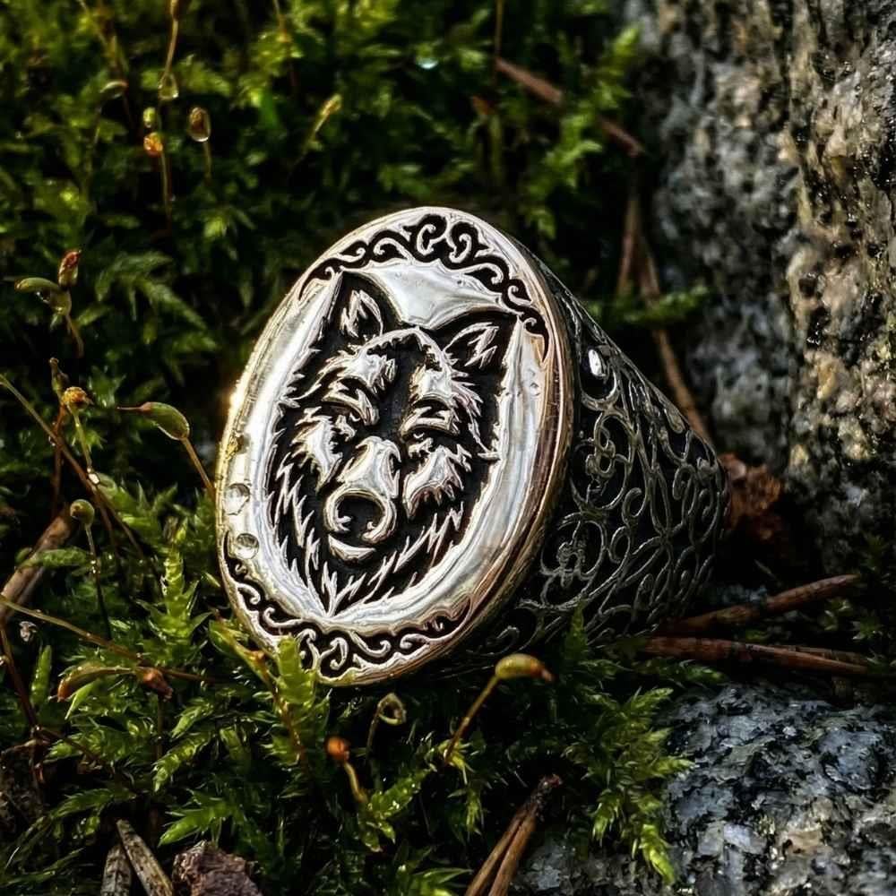 Kenar İşlemeli Kurt Motifi İşlemeli Gümüş Erkek YüzükKurt Yüzük