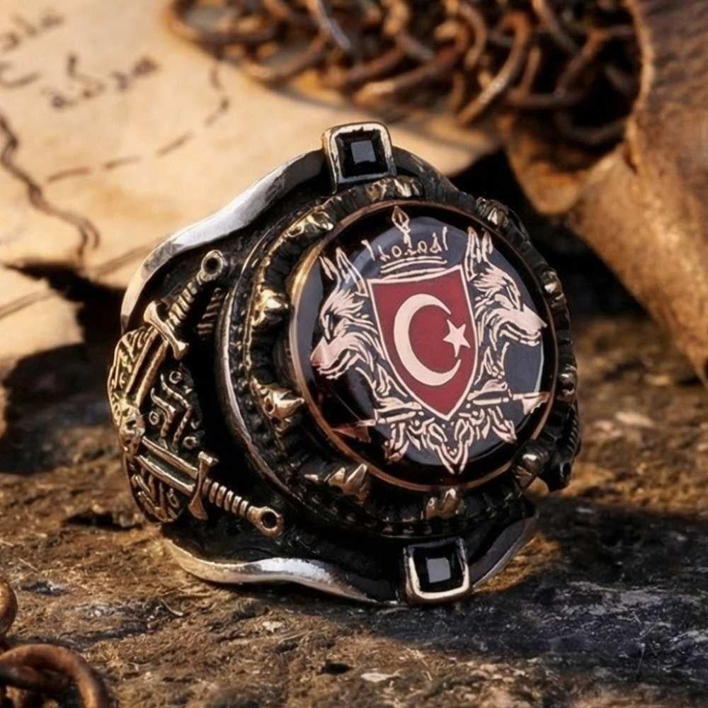 Kılıç Kalkan Çift Bozkurt Ay Yıldız Gümüş YüzükBozkurt Yüzükleri