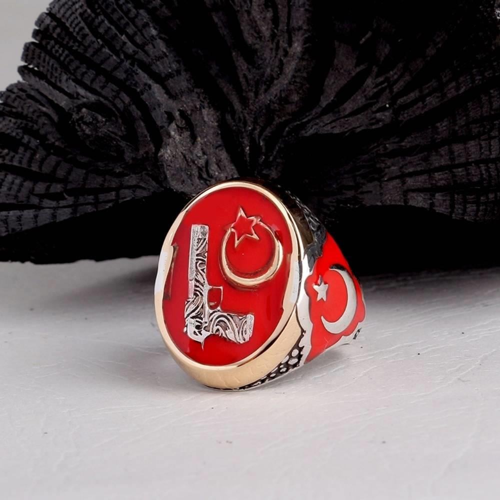 Kırmızı Ay Yıldız Tabanca İşlemeli Gümüş YüzükAy Yıldız Yüzük