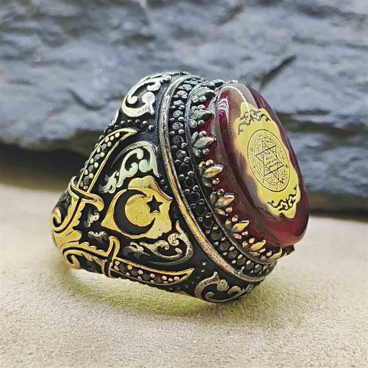 Kırmızı Kehribar Taşlı Mührü Süleyman Gümüş Yüzük