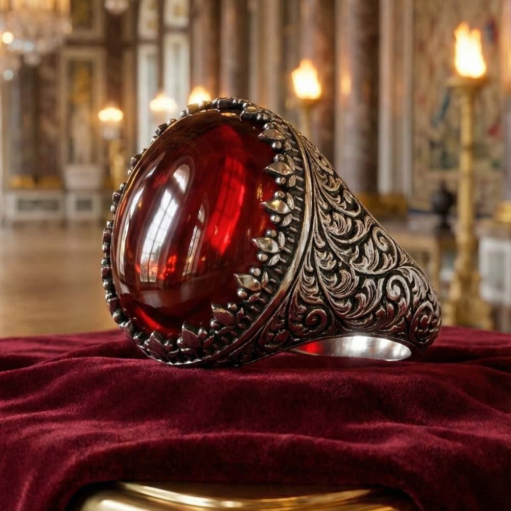 Kırmızı Lal Taşlı Osmanlı Desenli Gümüş YüzükLal Taşı Yüzükler
