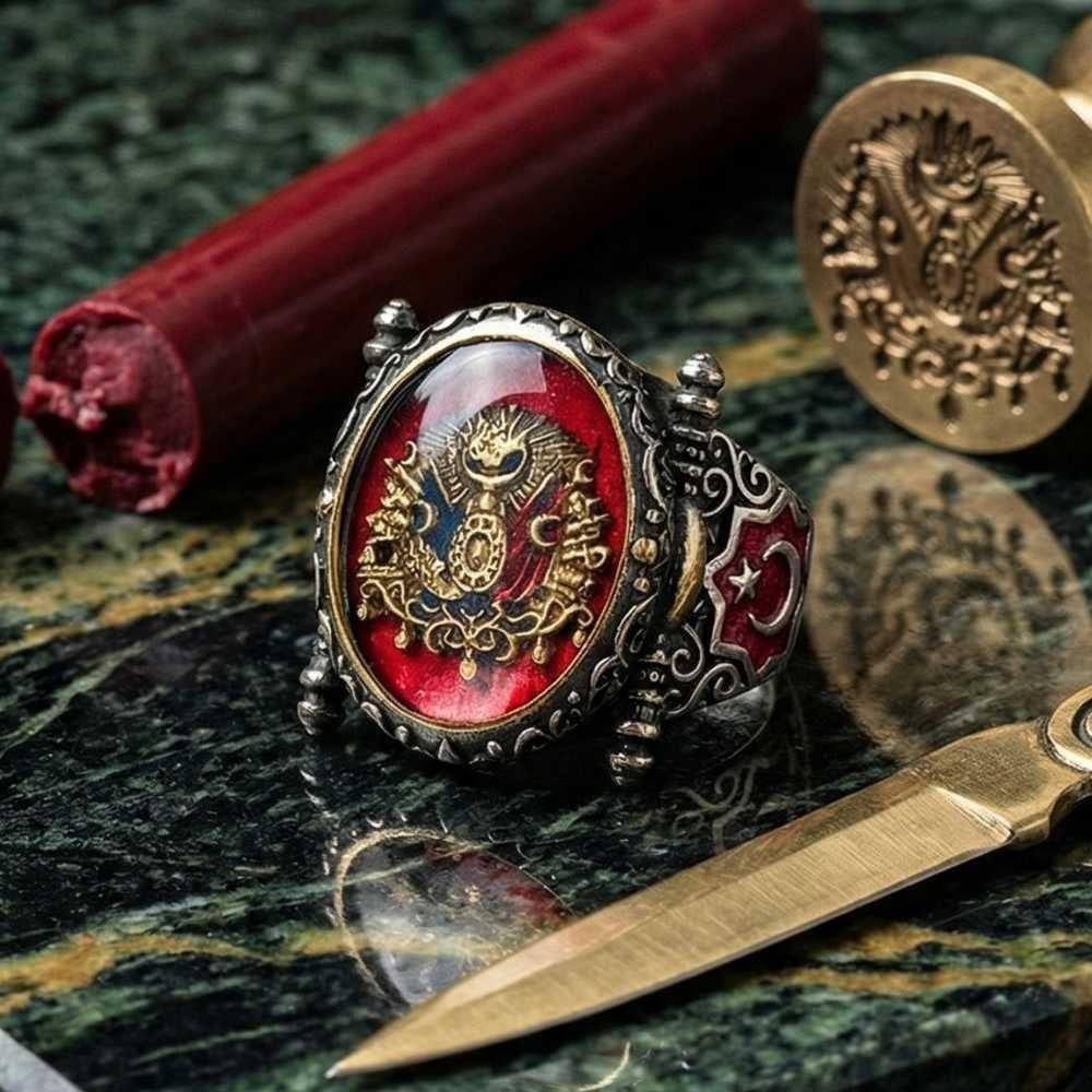 Kırmızı Payitaht Model Osmanlı Devlet Armalı Gümüş YüzükOsmanlı Yüzükleri