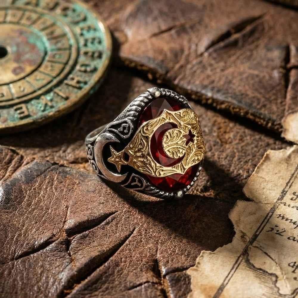 Kırmızı Taşlı Ay Yıldız Bayrağımız İşlemeli Gümüş YüzükAy Yıldız Yüzükler