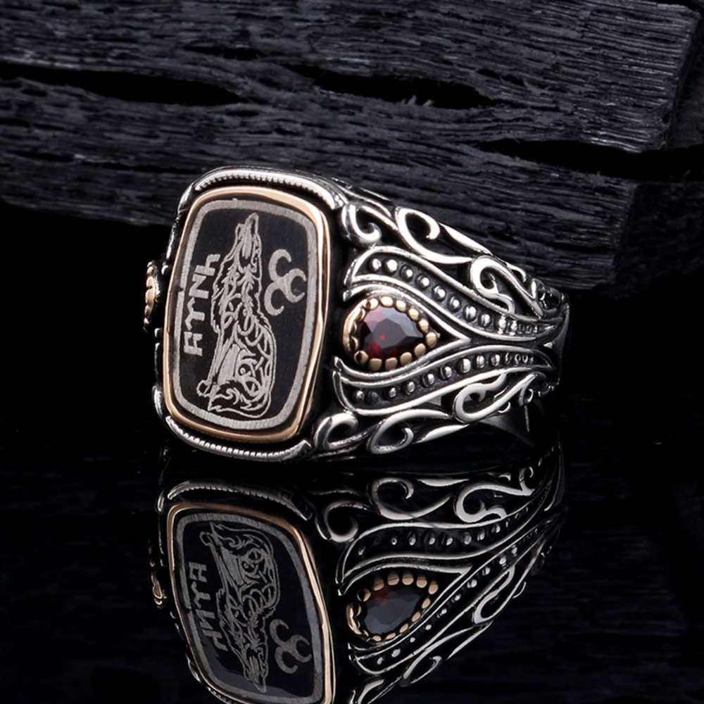 Kırmızı Taşlı Bozkurt Üç Hilal Türk Gümüş YüzükBozkurt Yüzükleri