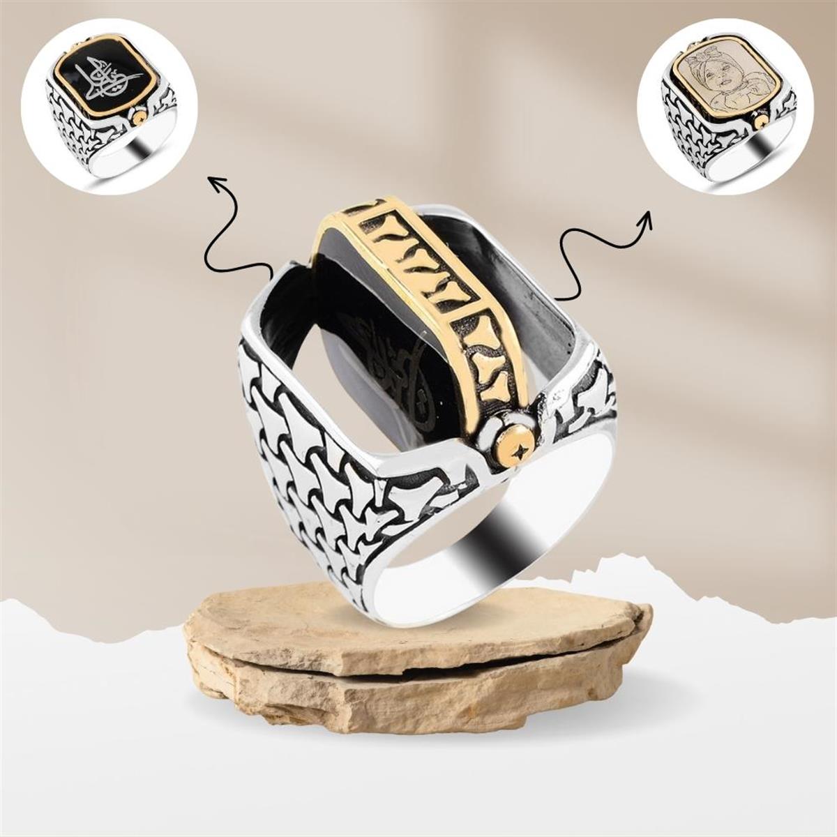 Kişiye Özel Çift Taraflı Kazıma Resimli Gümüş Yüzük