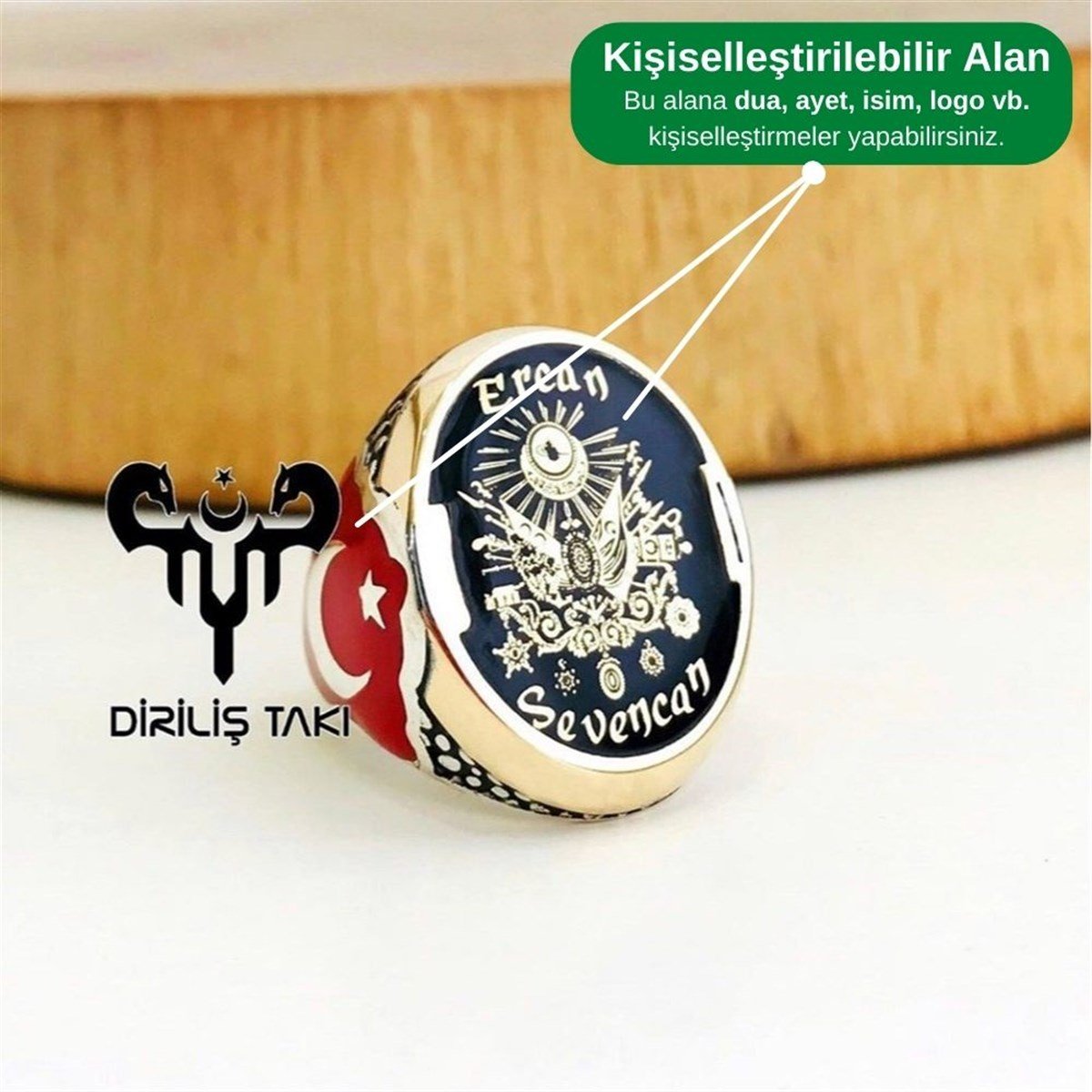 Kişiye Özel Osmanlı Arma İşlemeli Mineli Gümüş Yüzük
