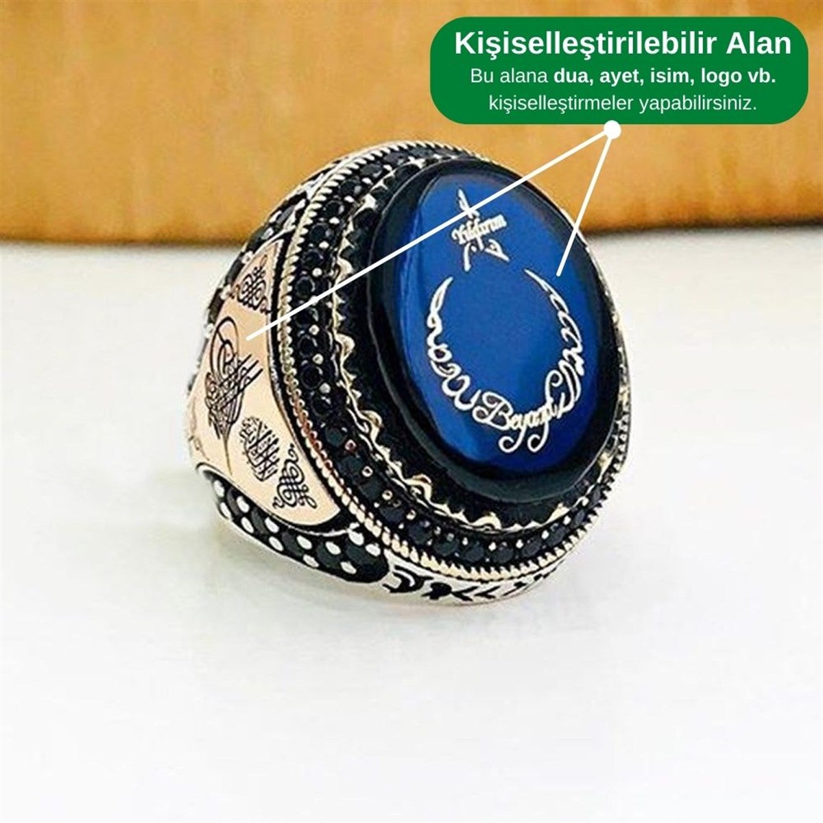 Kişiye Özel Yanları Osmanlı Tuğra Motifli Gümüş Yüzük