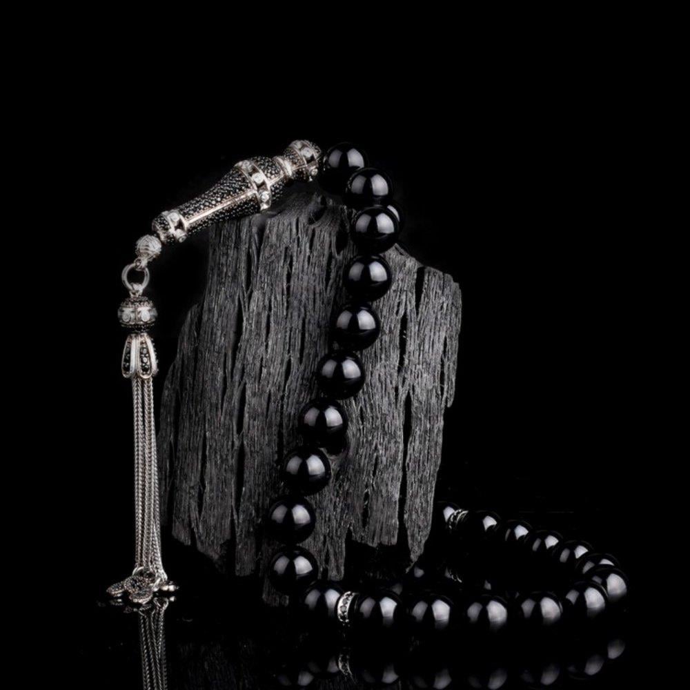 Küre Kesim Gümüş Zirkon Taşlı Ateş Kehribar TesbihAteş Kehribar Tesbih