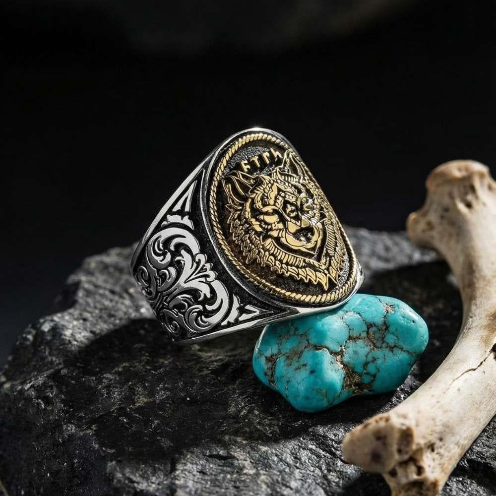 Kurt Kafası İşlemeli Osmanlı Motifli Gümüş YüzükBozkurt Yüzükleri