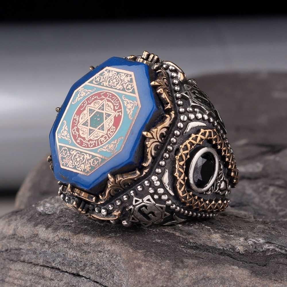 Mavi Taş Üzeri Süleyman Mührü Gümüş YüzükSeal of Solomon Ring