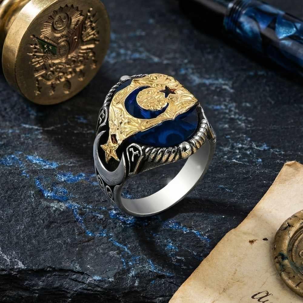 Mavi Taşlı Ay Yıldız Bayrağımız Model Gümüş Erkek YüzükAy Yıldız Yüzükler