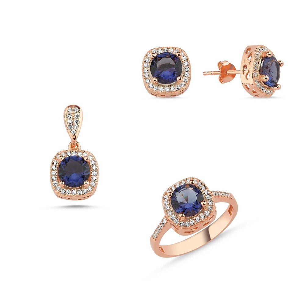 Mavi Taşlı Rose Kadın Gümüş Set