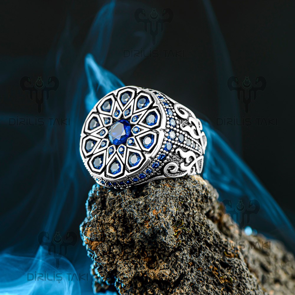 Mavi Zirkon Taş Süslemeli Gümüş Erkek Yüzük