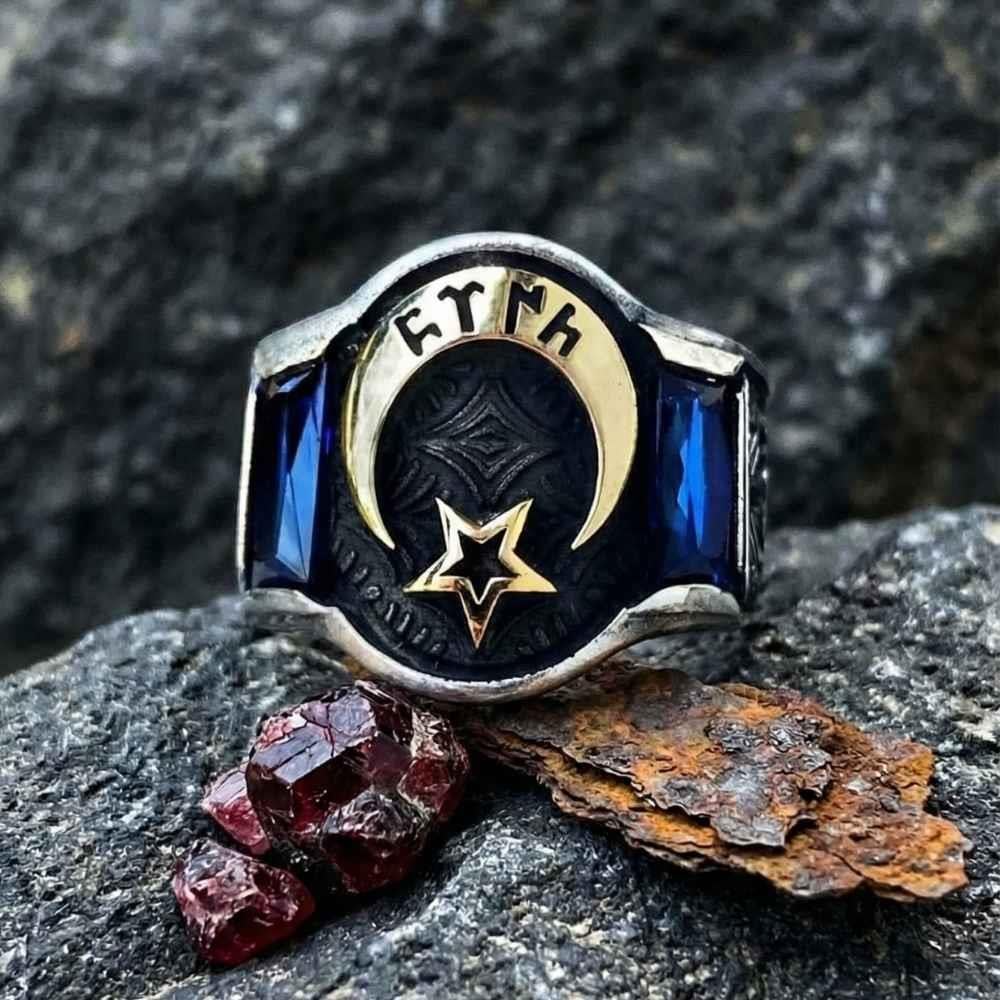 Mavi Zirkon Taşlı Ay Yıldız Motifli Gümüş Erkek YüzükAy Yıldız Yüzük
