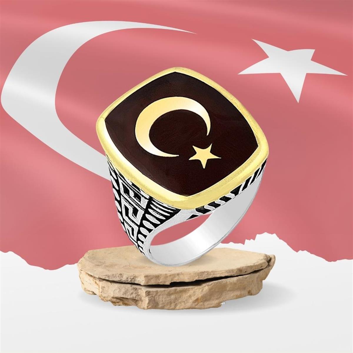 Mineli Ay Yıldız Motifli Gümüş Erkek Yüzük