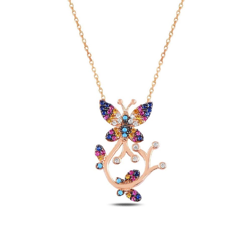 Mix Taşlı Kelebek Model Bayan Gümüş Kolye