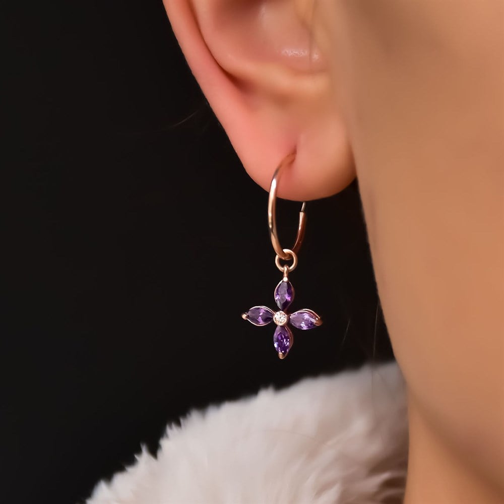 Mor Zirkon Taşlı Çiçek Sallantılı Küpe Rose