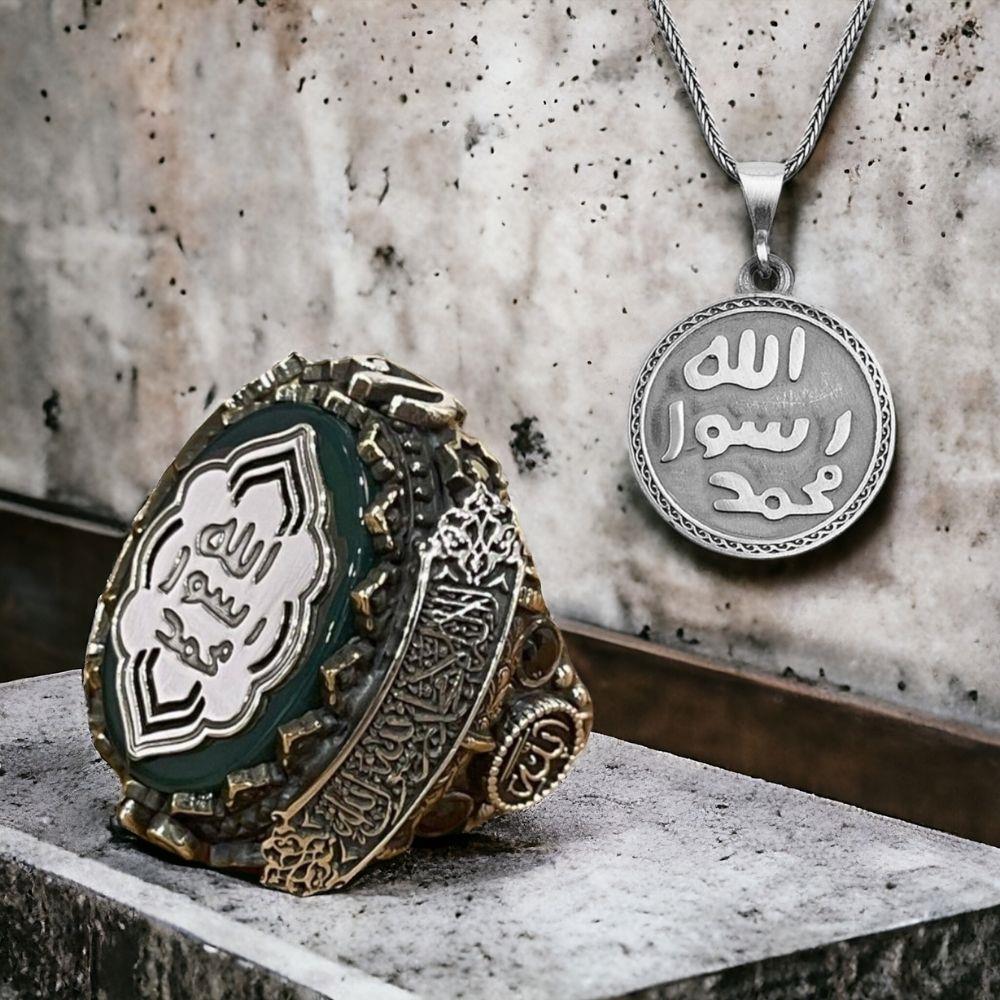 Mührü Şerif İşlemeli Gümüş Yüzük & Kolye Kombini