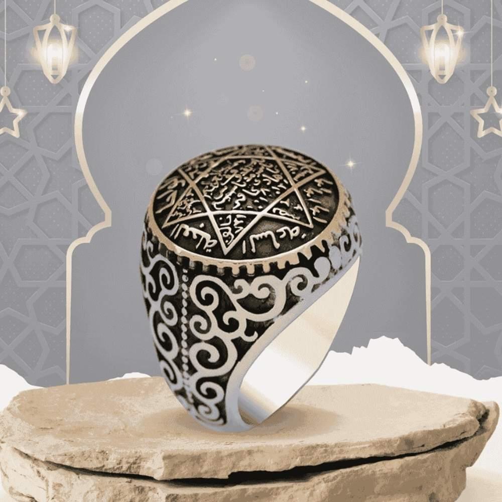 Mührü Süleyman Bombeli Kalem Motifli Gümüş YüzükSüleyman Mührü Yüzükler