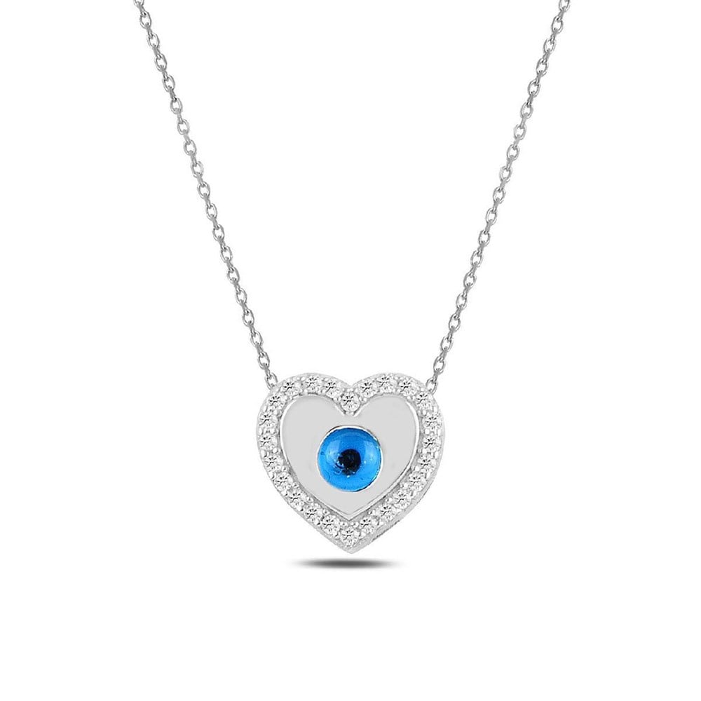 Nazar Boncuğu Taşlı Kalp Model Gümüş Kolye