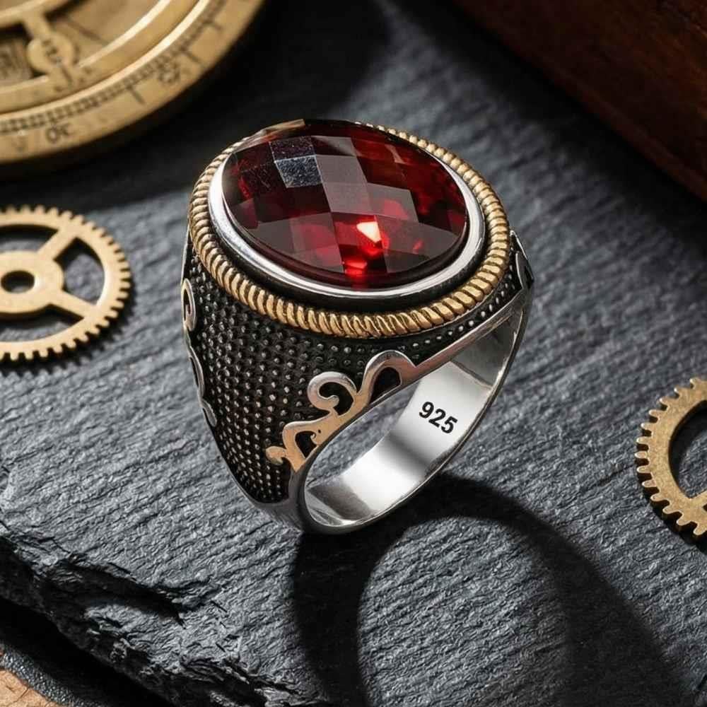 Nokta Desenli Kırmızı Zirkon Taşlı Gümüş Erkek YüzükZirkon Taşlı Yüzükler