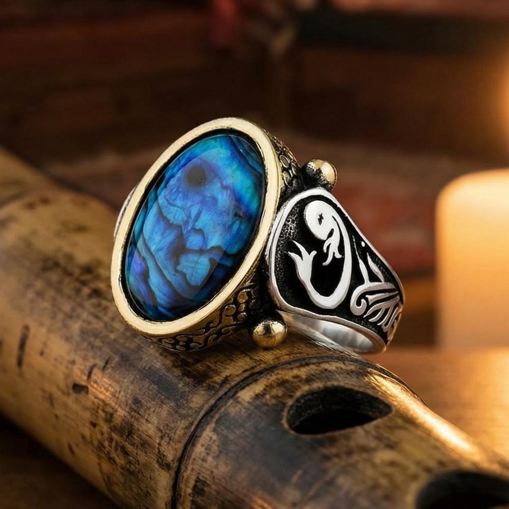 Okyanus Sedef Taşlı Vav Desenli Gümüş Erkek YüzükAlep Waw Ring