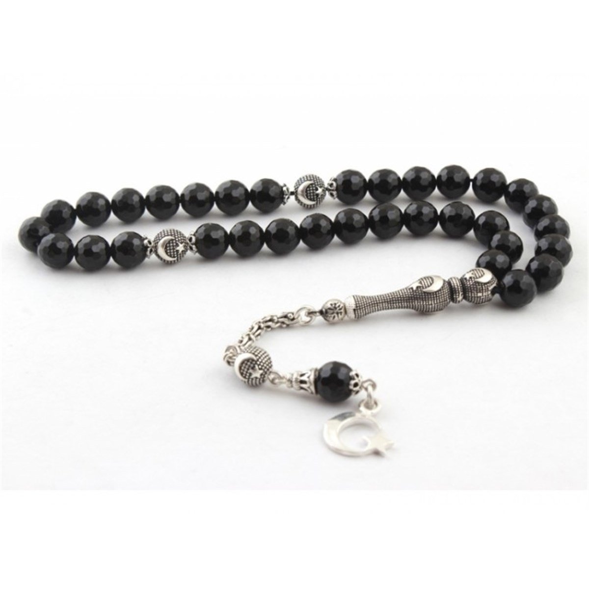 Oniks Taşı Ayyıldız Model Gümüş Püsküllü Tesbih