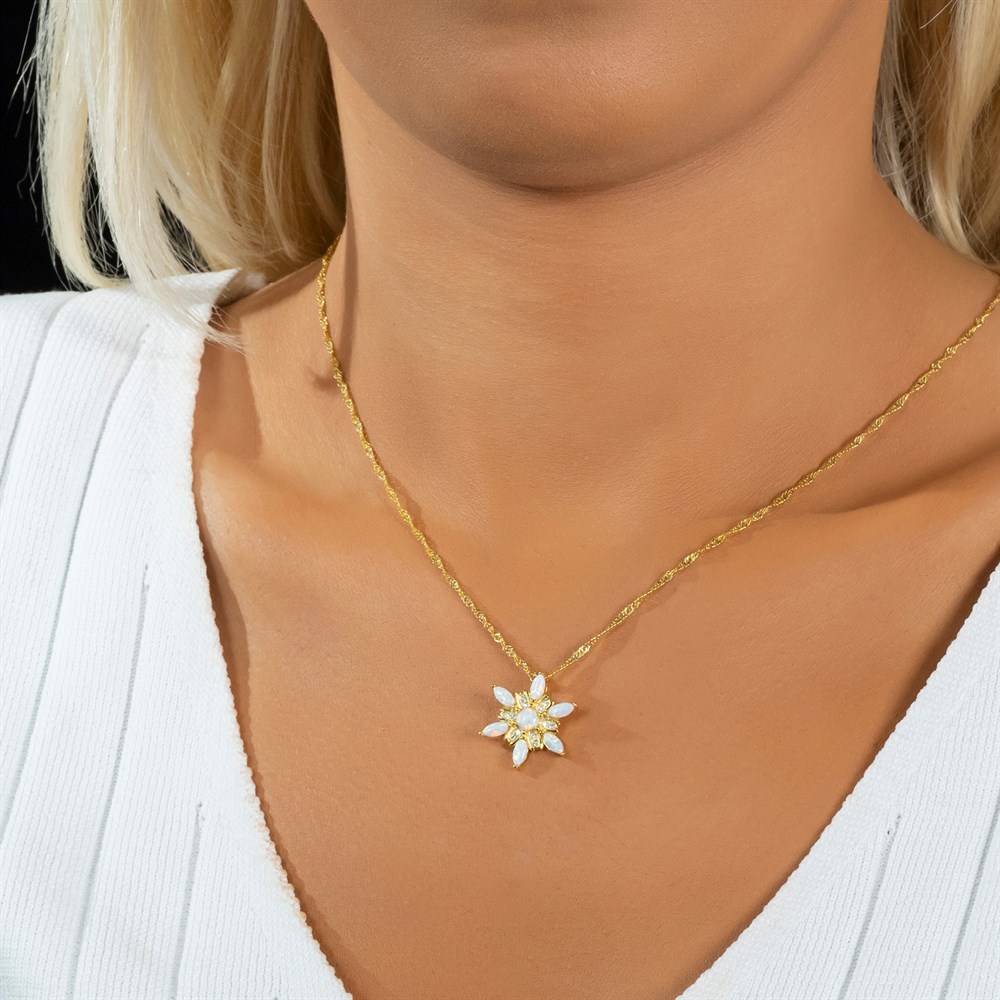Opal Taşlı Rüzgar Çiçeği Gümüş Kolye Gold