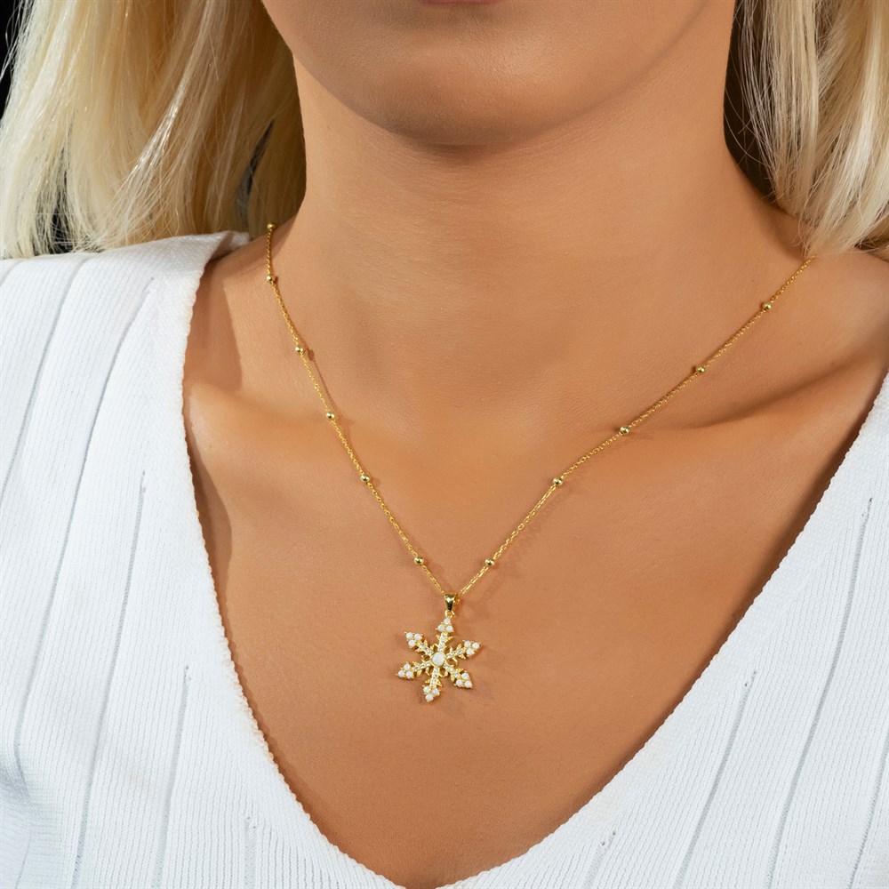 Opal Taşlı Toplu Kar Tanesi Gümüş Kolye Gold