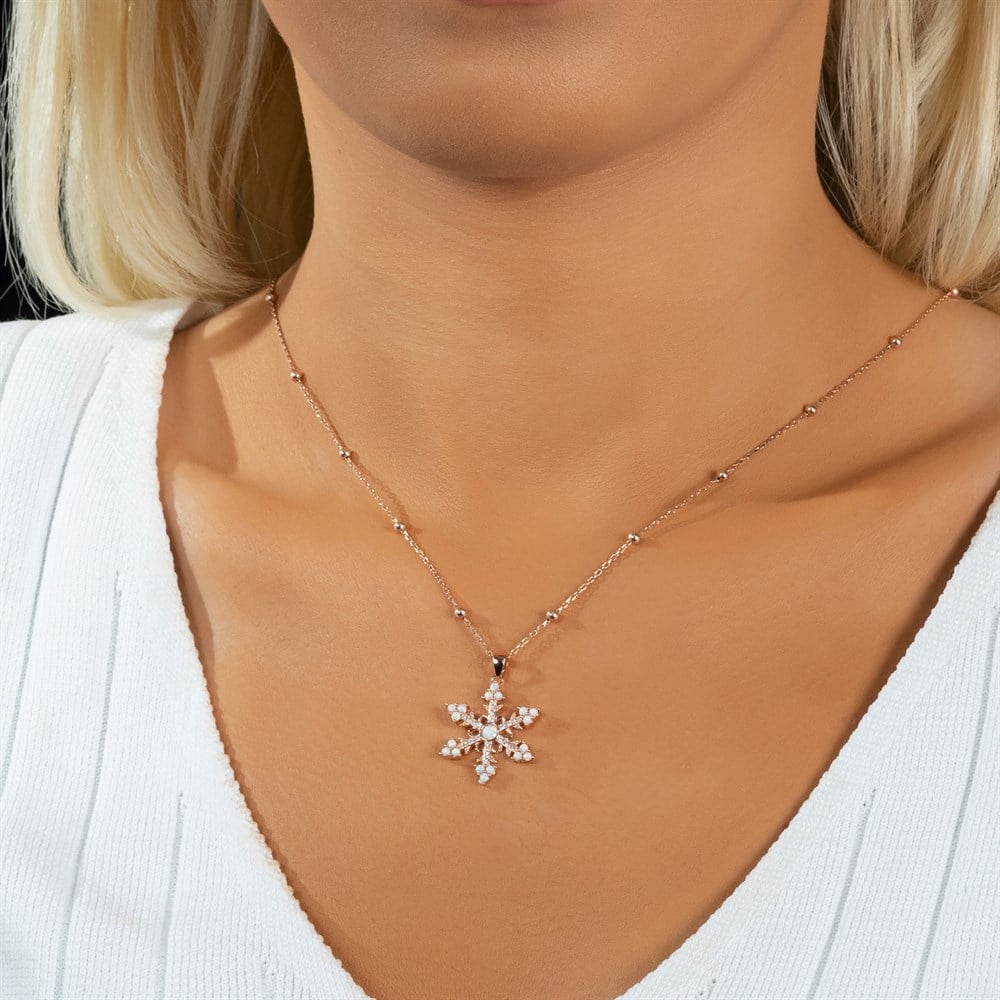 Opal Taşlı Toplu Kar Tanesi Gümüş Kolye Rose