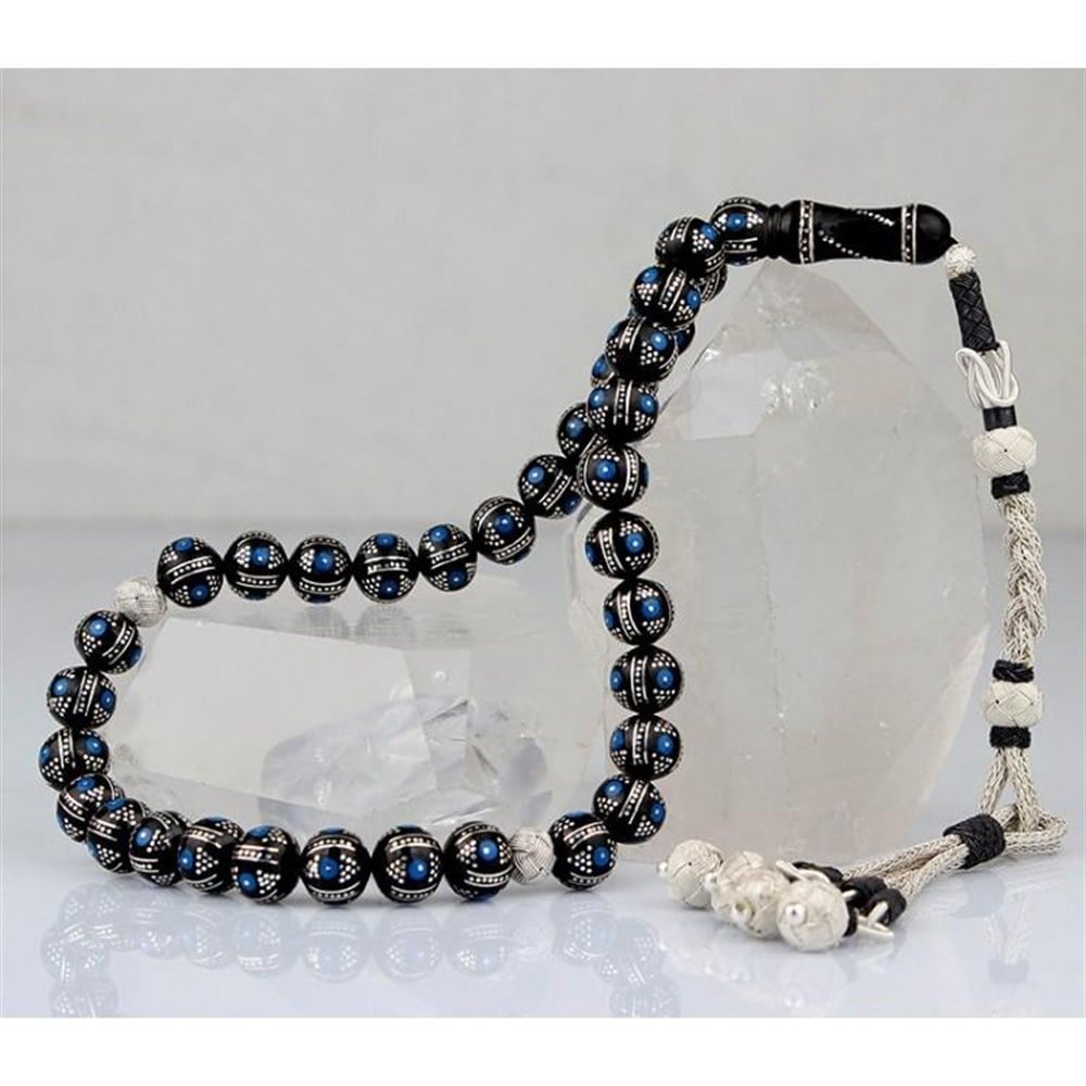 Orjinal Erzurum Oltu Taşlı Mavi Mineli 1000 Ayar Kazaz Püsküllü Tesbih
