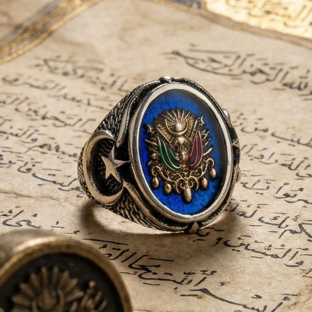 Osmanlı Devlet Armalı Ay Yıldız Detaylı Gümüş YüzükDevlet Armalı Yüzük