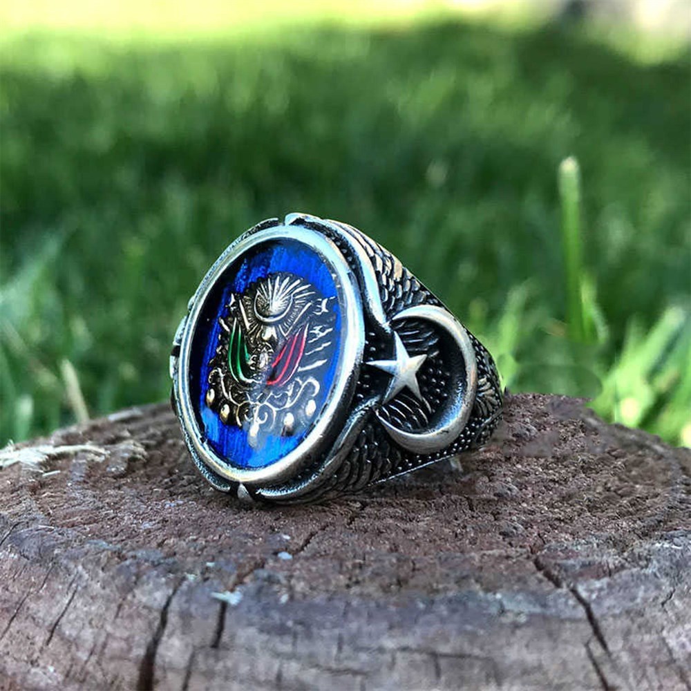 Osmanlı Devlet Armalı Ay Yıldız Modeli Gümüş Erkek Yüzük