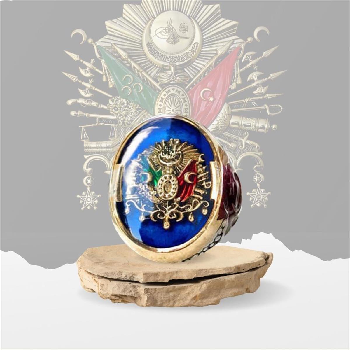Osmanlı Devlet Armalı Mineli Gümüş Armalı Mineli Gümüş Erkek Yüzük Mavi