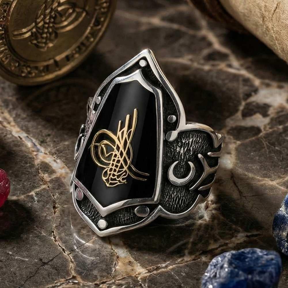 Osmanlı Tuğra Mineli Baş Parmak Model Gümüş Erkek YüzükBaşparmak & Zihgir Yüzükleri
