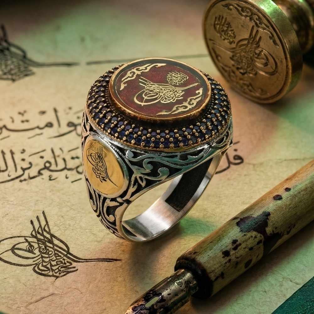 Osmanlı Tuğralı Etrafı Zirkon Taşlı Mineli Gümüş Yüzük KırmızıTuğra Yüzük