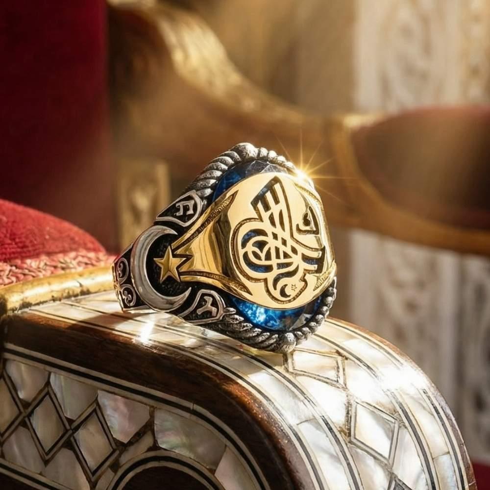 Osmanlı Tuğralı Göktürkçe Türk Gümüş Erkek Yüzük MaviTuğra Yüzük